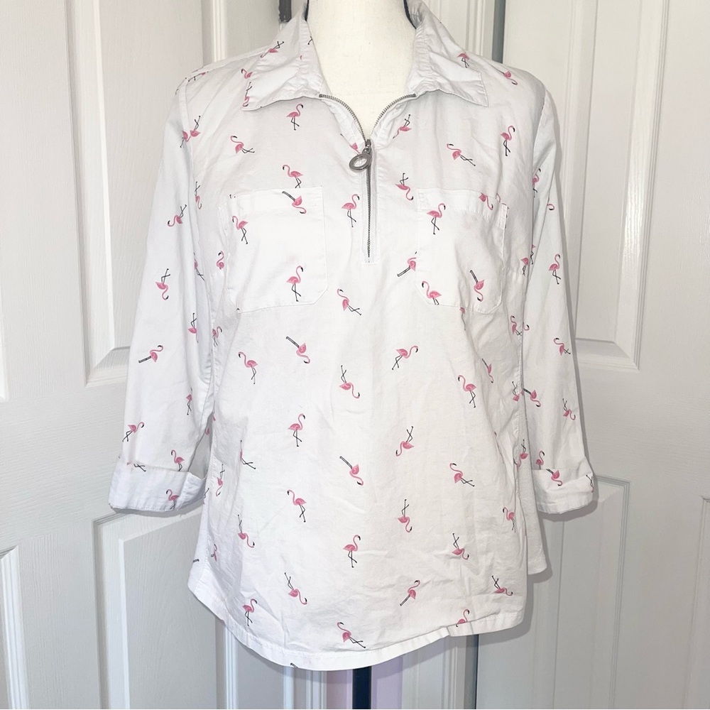 Coral Bay pink flamingo design zipup collarred pullover blouse,size Petite large